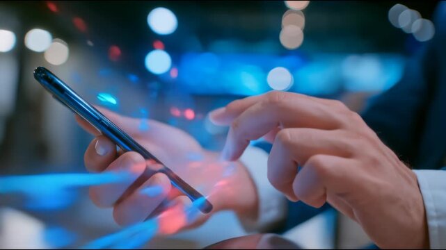 Hand holding a smartphone with holographic map and location pin over city lights, representing GPS navigation, geolocation and smart urban mobility