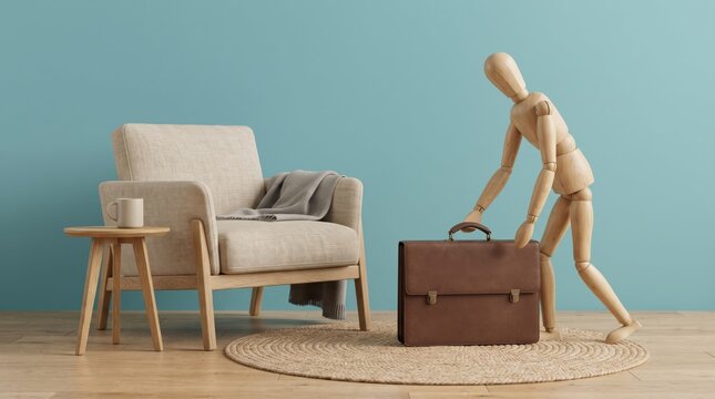 Wooden man packing brown suitcase in cozy living room