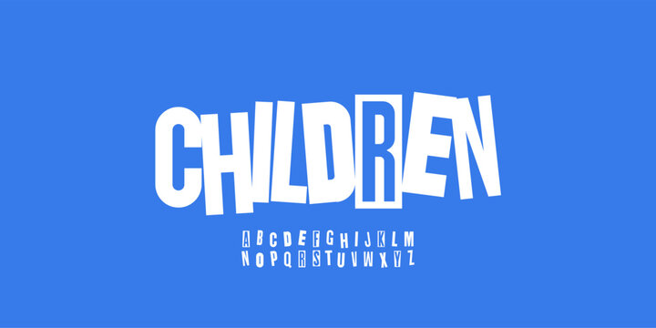 Children newspaper alphabet, paper cutout letters. Newsprint cut font for captivating magazine logos, eye-catching headlines, and expressive typographic designs. Vector typeset