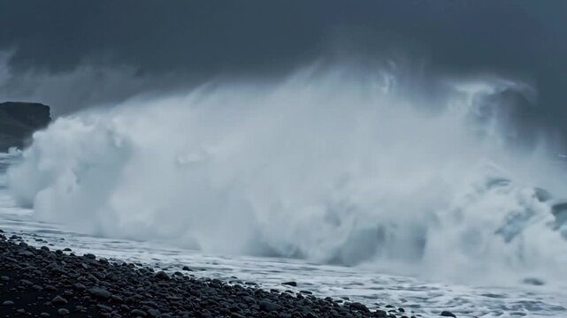 Heavy surf breaking waves during gale force winds on rocky shore