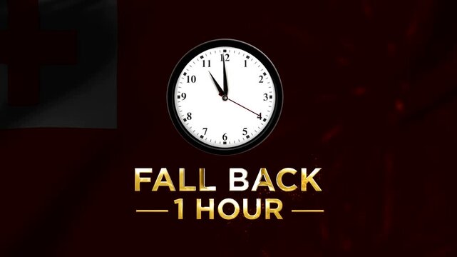 Daylight saving time concept with a clock showing fall back one hour against the Tongan flag background
