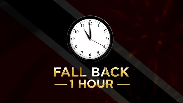 Daylight saving time concept with a clock showing fall back one hour golden text on dark background