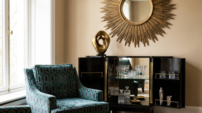 Glamorous art deco nook with velvet armchair, black lacquer bar cabinet and gilded sunburst mirror