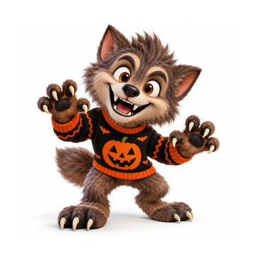 Cute cartoon werewolf character wearing a pumpkin sweater waving hands isolated on white background