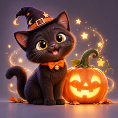 Fototapeta premium Cute black kitten wearing a witch hat sitting next to a glowing jack-o-lantern for Halloween