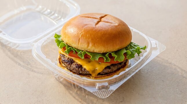 A delicious fresh cheeseburger with green lettuce and melted cheese on a small square serving plate. clamshell packaging burgers
