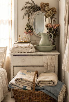 Tender shabby chic bedroom corner with white dresser, jug, dried roses and folded quilts