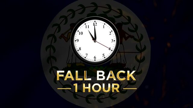 Daylight saving time concept with a clock showing fall back one hour over the national flag of Belize