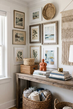 Breezy coastal boho console with seaside prints, macrame hanging and woven baskets