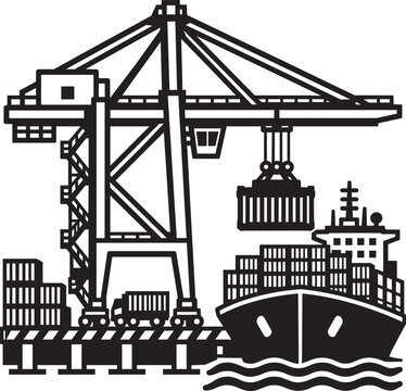 container crane loading cargo ship and port logistics silhouette vector illustration