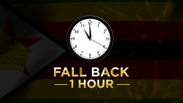Daylight saving time concept with a clock showing fall back one hour over the Zimbabwe national flag