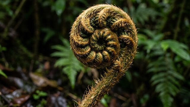 Extreme Macro of an Unfurling Tree Fern Fiddlehead with Golden Hairs