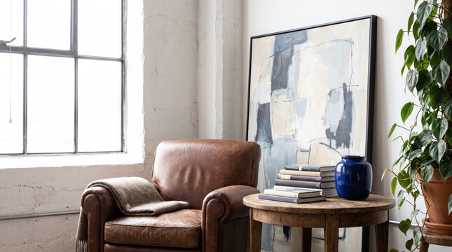 Calm urban loft with leather armchair, abstract canvas, cobalt vase and indoor plant