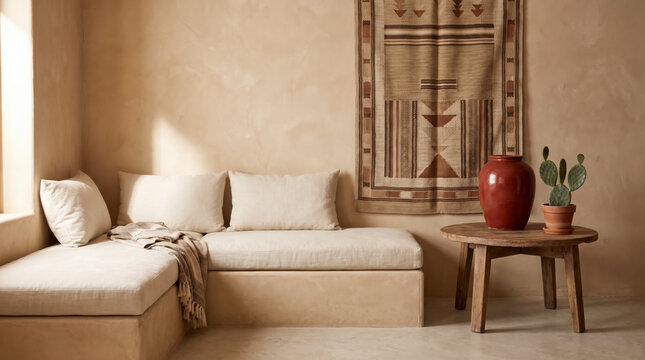 Restful southwestern living room with plaster banquette, woven tapestry, red vase and cactus