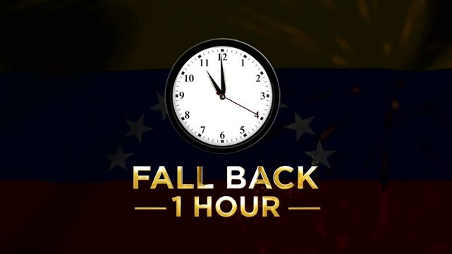 Daylight saving time concept with a clock showing falling back one hour against a background of the Venezuelan flag