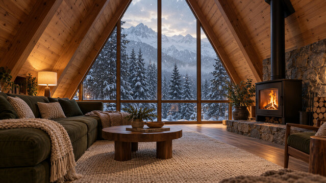 A-Frame Cabin Living Room with Wood Stove and Snowy Mountain View