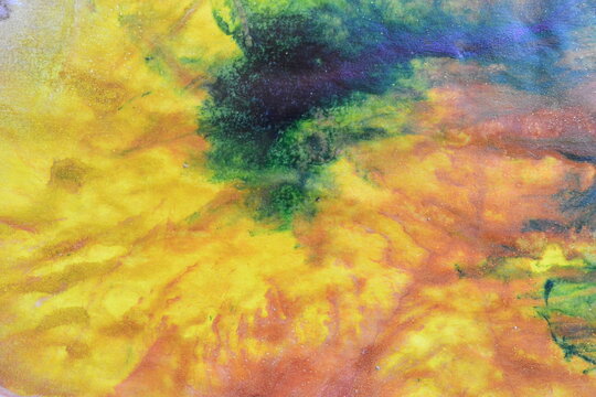Bright Yellow and Green Ebru Water Marbling Background with Radial Spread