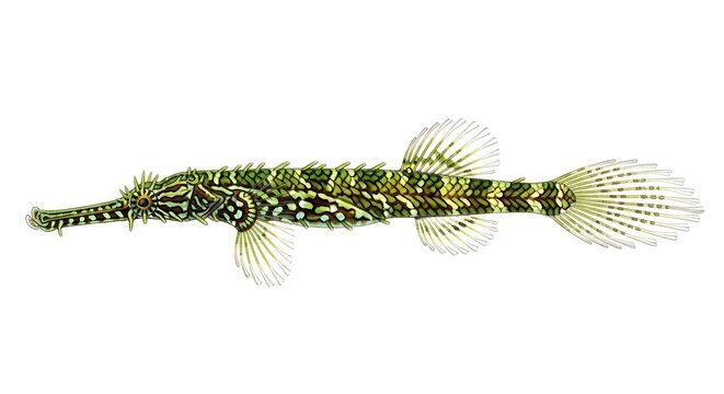 Ornate Pipefish swimming in clear ocean water during daylight with intricate camouflage patterns