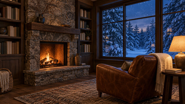 Cozy Reading Room with Leather Armchair and Snowy Forest View