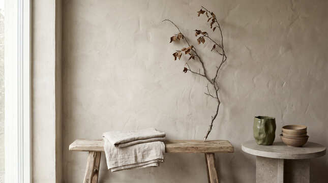 Meditative wabi sabi interior with plaster wall, bare branch, wooden bench and ceramics