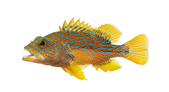 Ornate Dragonfish with vibrant blue and orange patterns swimming in clear water with white background