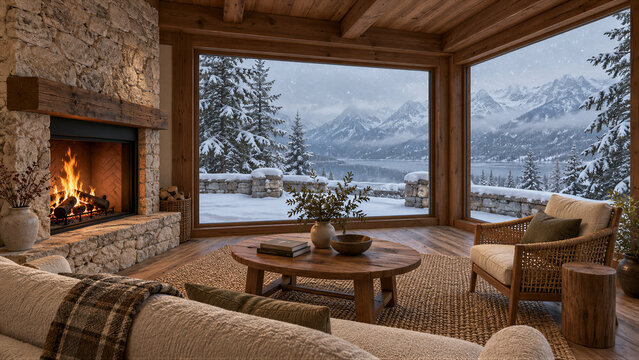 Cozy Living Room with Corner Windows and Snowy Lake View