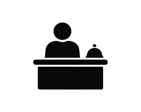 Hotel reception desk icon set with concierge staff member and luggage trolley cart with suitcases for travel and hospitality service
