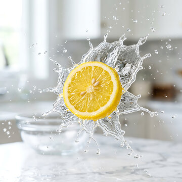 Fresh lemon being squeezed with water splash