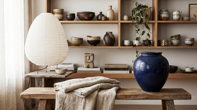 Peaceful japandi interior with paper lantern lamp, cobalt vase, wooden bench and pottery shelf