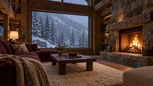 Rustic Loft Living Room with Fireplace during Winter Snowfall