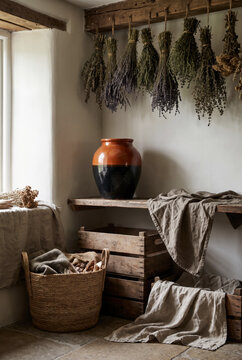 Earthy farmhouse storeroom with hanging dried herbs, clay pot, wooden crates and linen