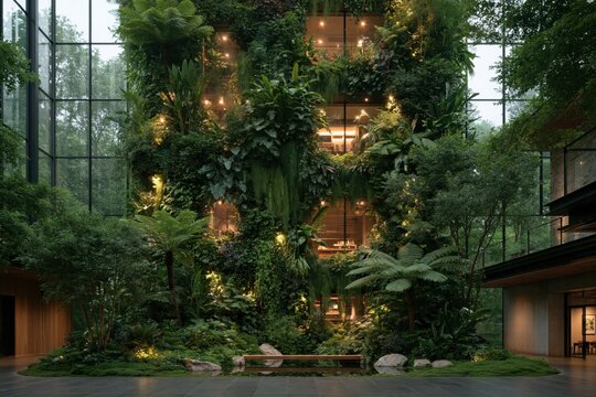 Green wall and plants inside a modern building with glass windows and wooden features during daytime