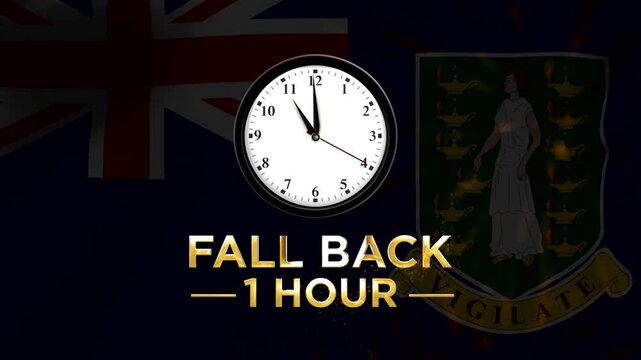 Daylight saving time concept with wall clock and British Virgin Islands flag background