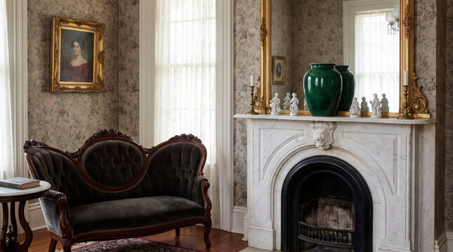 Dignified victorian parlor with carved velvet settee, marble fireplace and gilded portrait