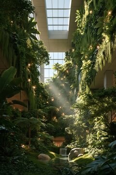 Green space inside a building with plants and water features during daytime
