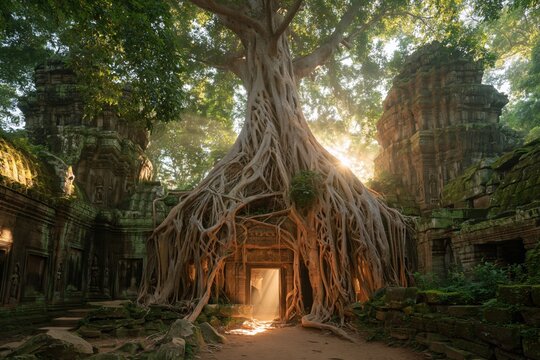 Ancient temple surrounded by large tree roots at dawn in a forest setting