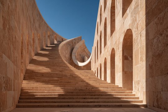 Staircase with curved design in a stone structure under clear sky
