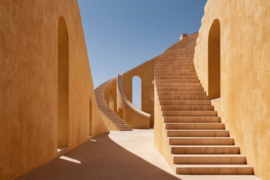 Modern architectural design featuring curved staircases in an outdoor setting