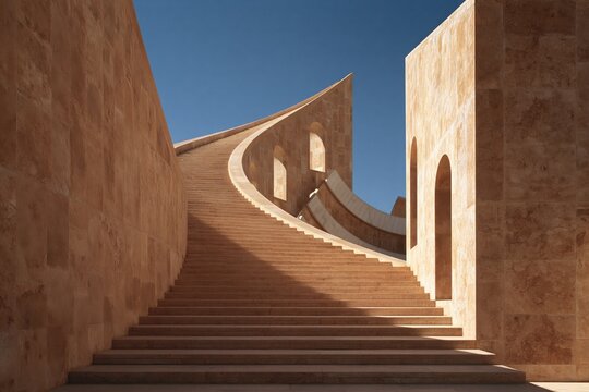 Unique architectural design with curved staircase and stone walls in sunlight