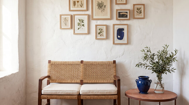 Relaxed mediterranean nook with rush seat bench, botanical prints, blue vase and olive branch