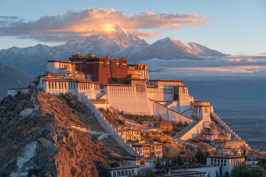View of a mountain and a large building at sunrise in Tibet