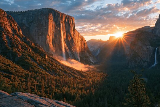 Sunrise over Yosemite Valley with stunning rock formations and waterfalls