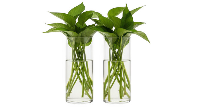 Fresh green herbs in glass vases isolated on transparent background