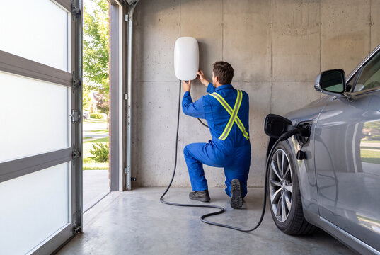 Electrician in Workwear Installing Home EV Wallbox Charger Connected to Electric Car in Garage