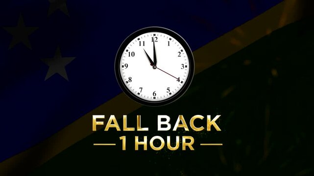 Daylight saving time concept with wall clock and fall back one hour text over Solomon Islands flag background