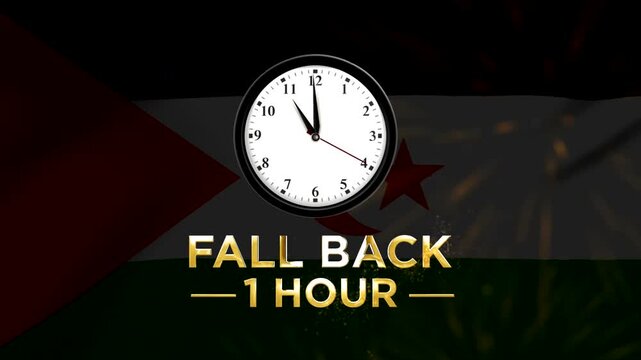 Daylight saving time concept with wall clock and fall back one hour text over the Sahrawi Arab Democratic Republic flag