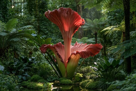 Large red flower blooms in tropical garden surrounded by greenery during daylight