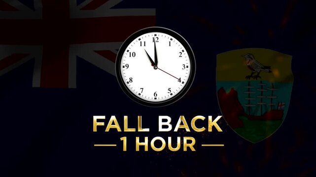 Daylight saving time fall back concept featuring a wall clock with Saint Helena flag background