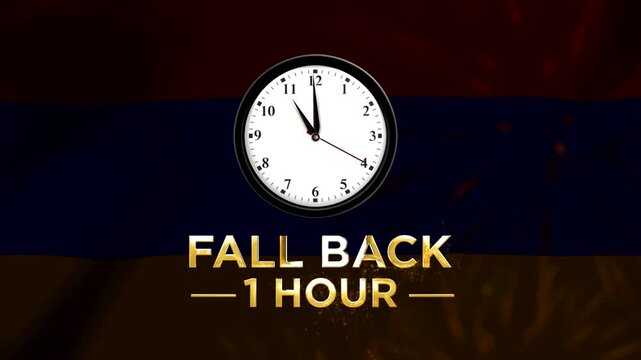 Daylight saving time fall back concept with wall clock and golden text against Armenian flag