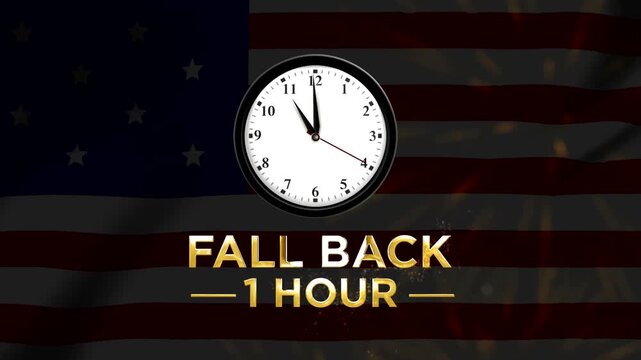 Daylight saving time fall back one hour concept with american flag background